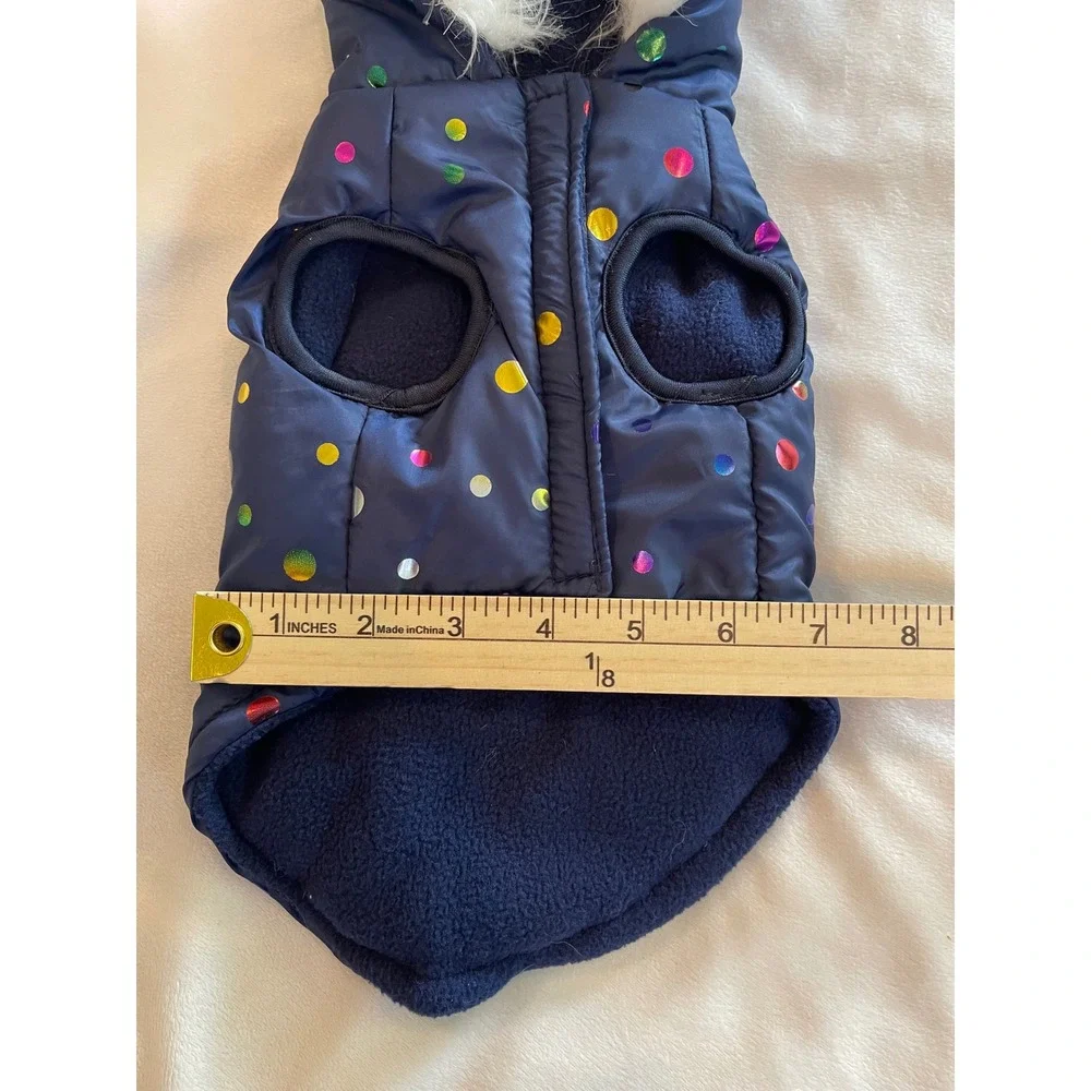 Romeo & Minx Navy Blue Polka Dot Pet Puffer Coat Faux Fur Hood Small NWT